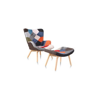 Fauteuil patchwork en tissu avec repose pieds – Stockholm