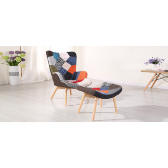 Fauteuil patchwork en tissu avec repose pieds – Stockholm